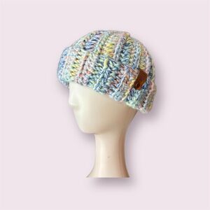 Handmade Pastel Crochet Beanie | Kids Folded Brim Winter Hat | Soft Chunky Knit